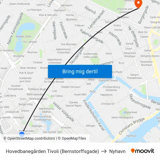 Hovedbanegården Tivoli (Bernstorffsgade) to Nyhavn map