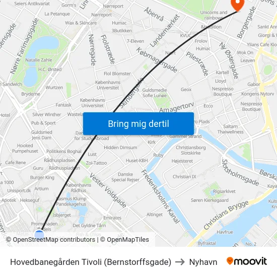 Hovedbanegården Tivoli (Bernstorffsgade) to Nyhavn map
