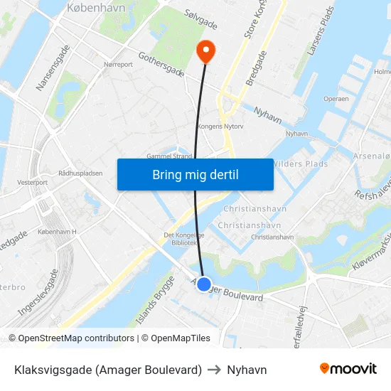 Klaksvigsgade (Amager Boulevard) to Nyhavn map
