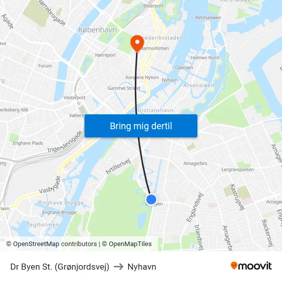 Dr Byen St. (Grønjordsvej) to Nyhavn map