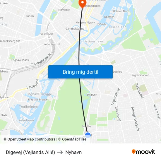 Digevej (Vejlands Allé) to Nyhavn map