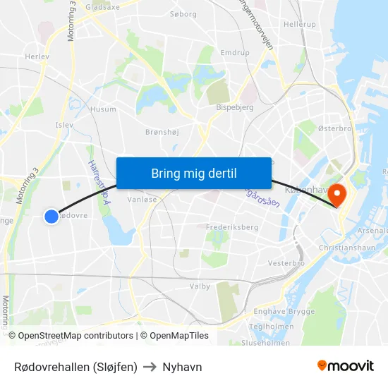 Rødovrehallen (Sløjfen) to Nyhavn map