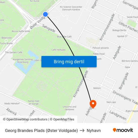 Georg Brandes Plads (Øster Voldgade) to Nyhavn map