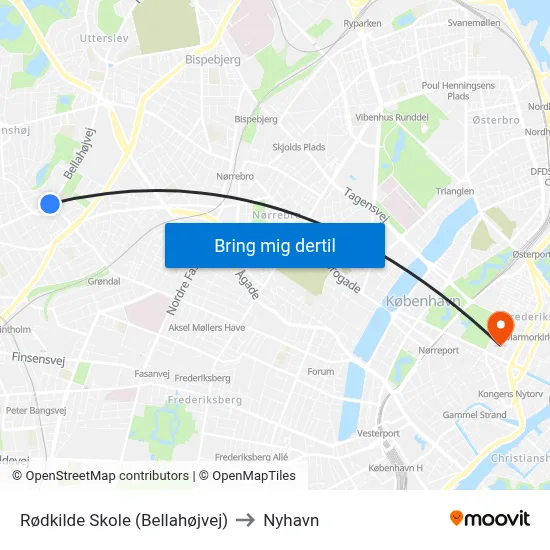 Rødkilde Skole (Bellahøjvej) to Nyhavn map