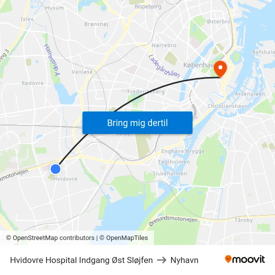 Hvidovre Hospital Indgang Øst Sløjfen to Nyhavn map