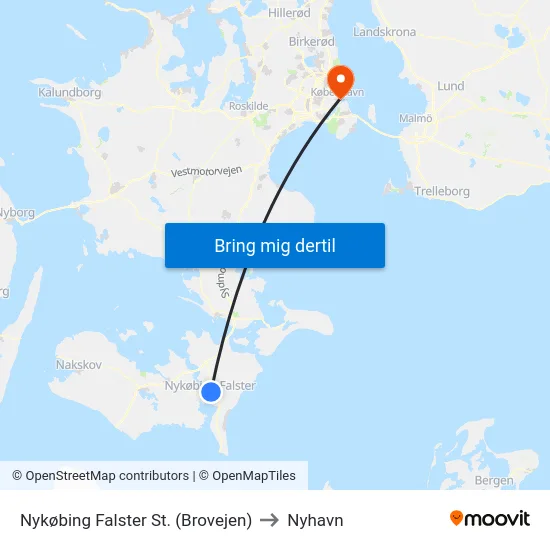Nykøbing Falster St. (Brovejen) to Nyhavn map