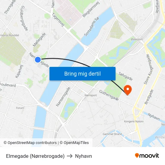 Elmegade (Nørrebrogade) to Nyhavn map