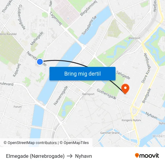 Elmegade (Nørrebrogade) to Nyhavn map
