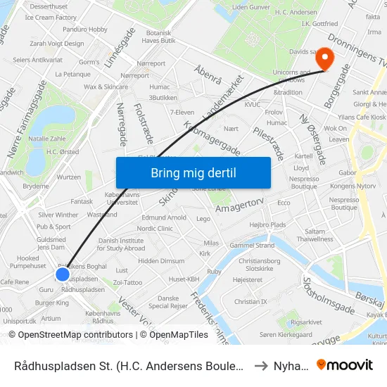 Rådhuspladsen St. (H.C. Andersens Boulevard) to Nyhavn map