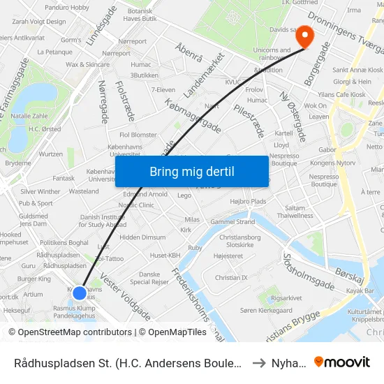 Rådhuspladsen St. (H.C. Andersens Boulevard) to Nyhavn map