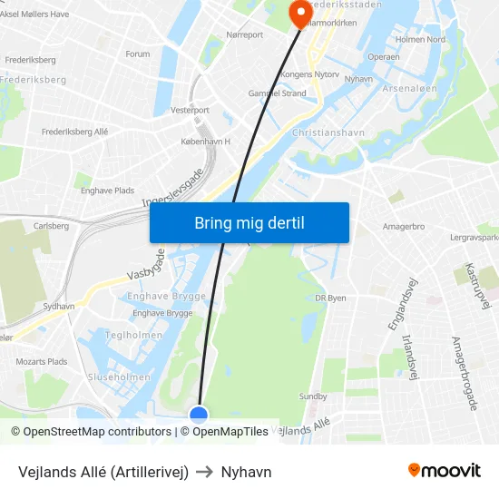 Vejlands Allé (Artillerivej) to Nyhavn map
