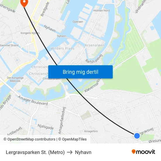 Lergravsparken St. (Metro) to Nyhavn map