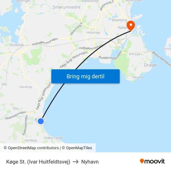 Køge St. (Ivar Huitfeldtsvej) to Nyhavn map