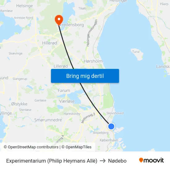 Experimentarium (Philip Heymans Allè) to Nødebo map
