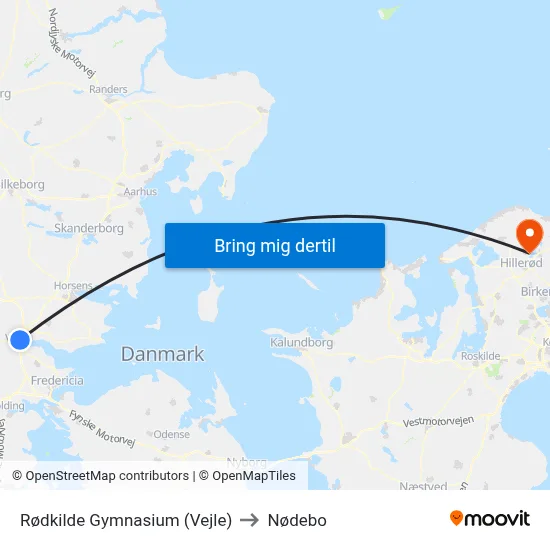 Rødkilde Gymnasium (Vejle) to Nødebo map