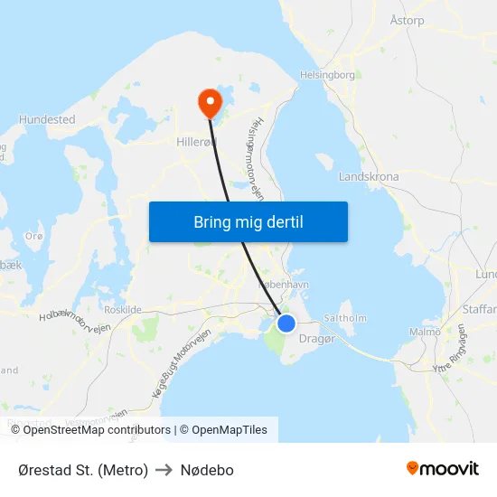 Ørestad St. (Metro) to Nødebo map