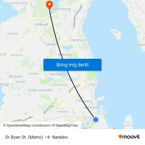 Dr Byen St. (Metro) to Nødebo map