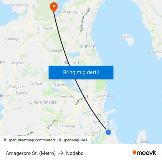 Amagerbro St. (Metro) to Nødebo map
