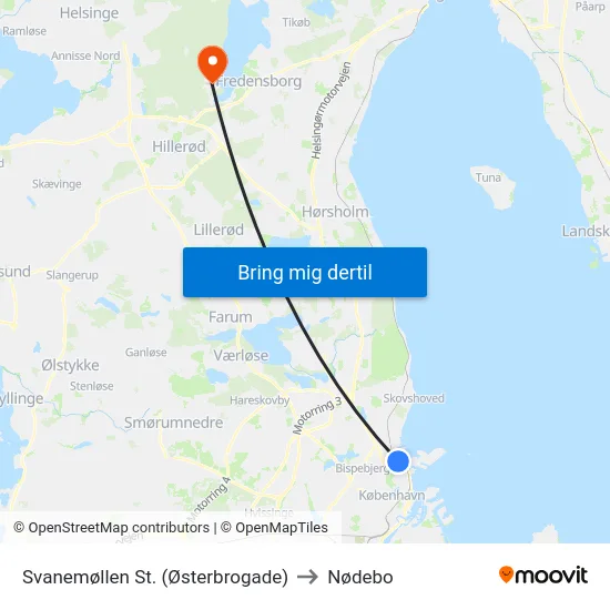 Svanemøllen St. (Østerbrogade) to Nødebo map