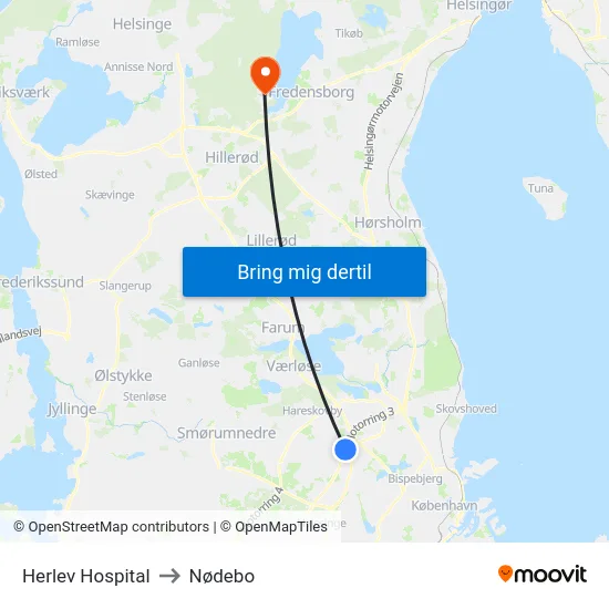 Herlev Hospital to Nødebo map