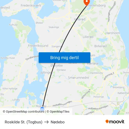Roskilde St. (Togbus) to Nødebo map