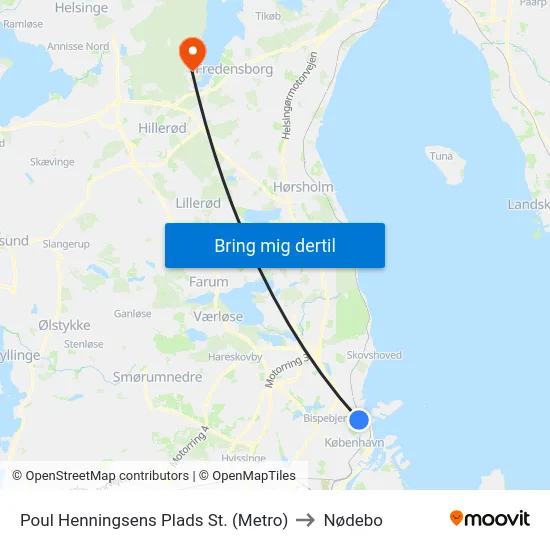 Poul Henningsens Plads St. (Metro) to Nødebo map