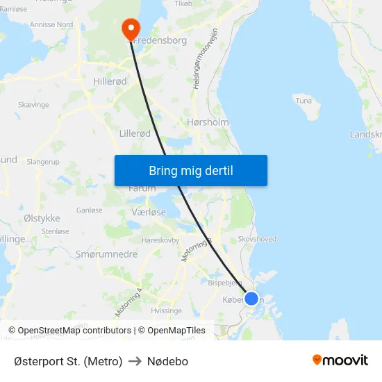 Østerport St. (Metro) to Nødebo map