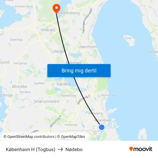 København H (Togbus) to Nødebo map
