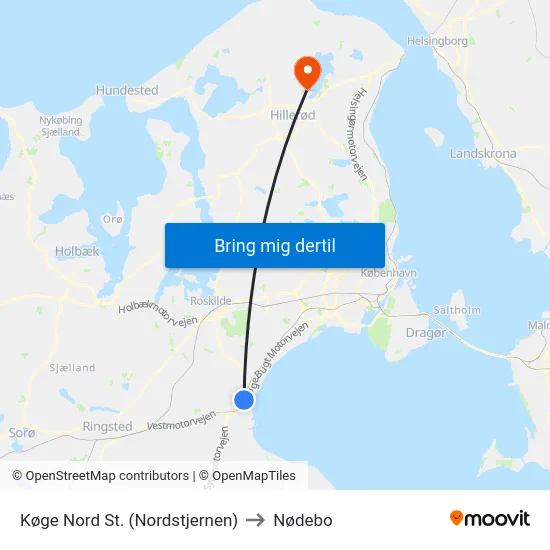 Køge Nord St. (Nordstjernen) to Nødebo map