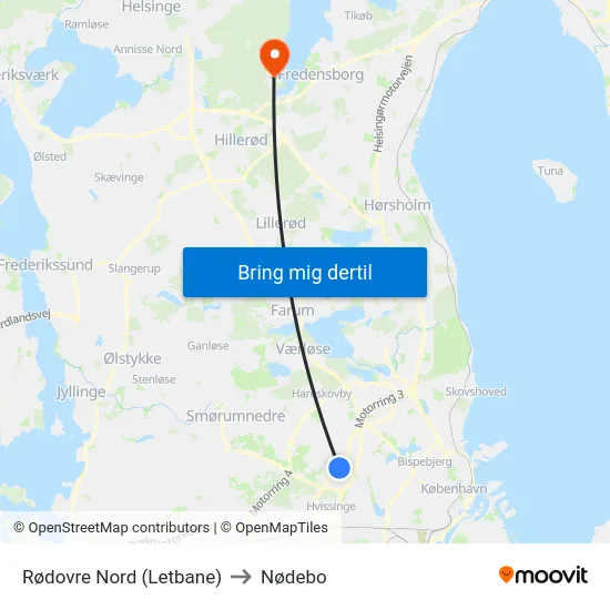 Rødovre Nord (Letbane) to Nødebo map