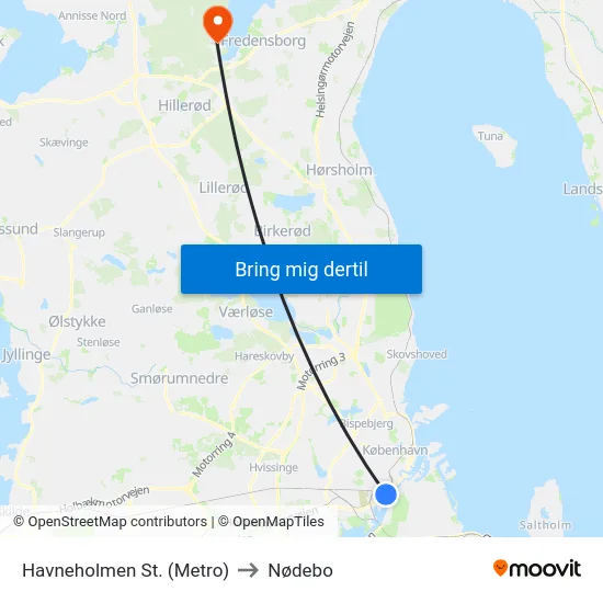 Havneholmen St. (Metro) to Nødebo map