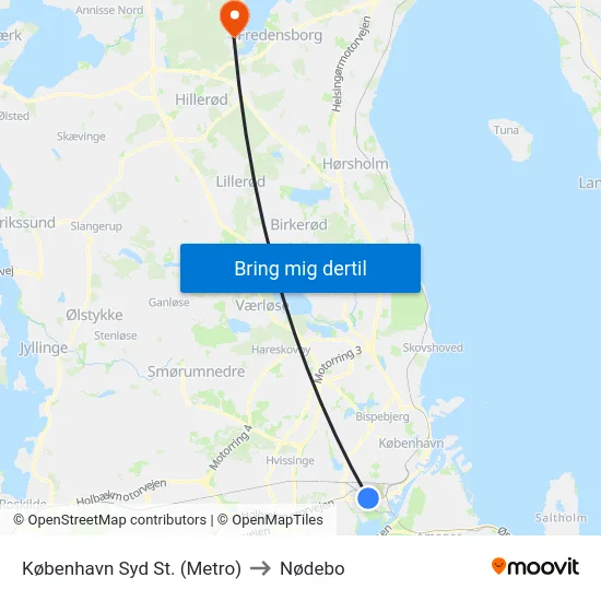 København Syd St. (Metro) to Nødebo map