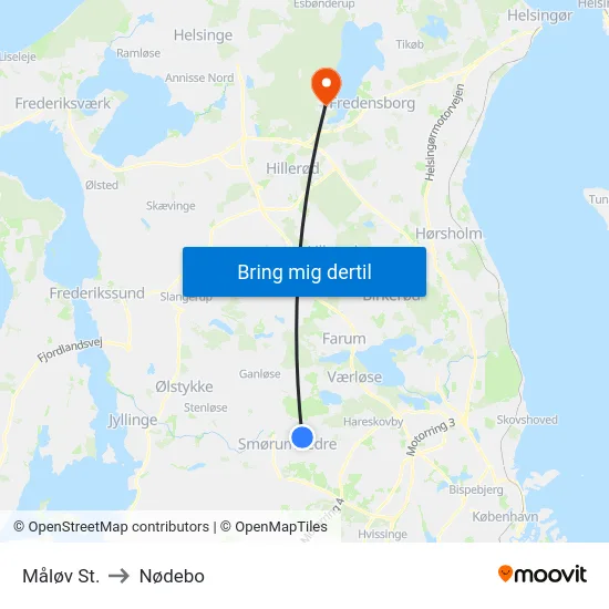 Måløv St. to Nødebo map
