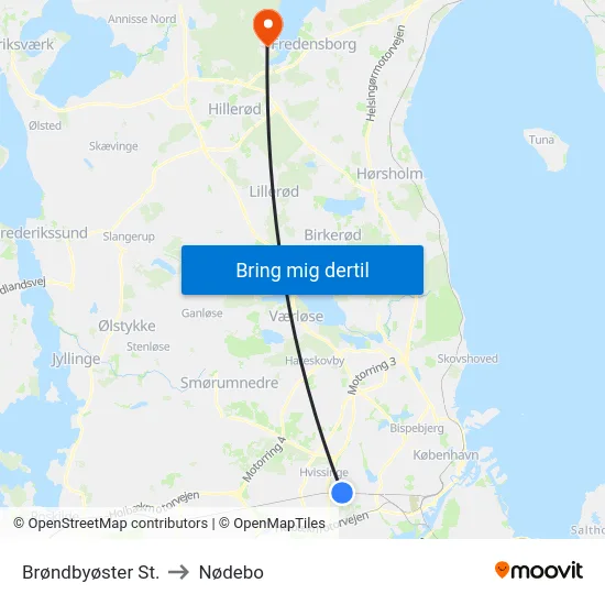 Brøndbyøster St. to Nødebo map