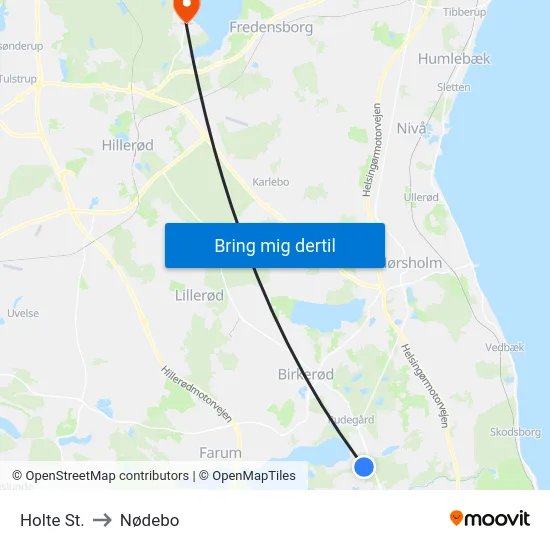 Holte St. to Nødebo map