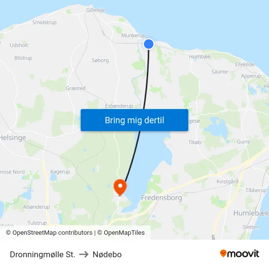 Dronningmølle St. to Nødebo map