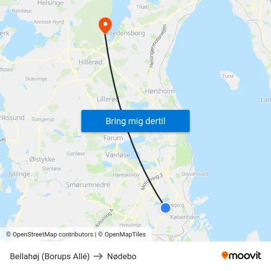 Bellahøj (Borups Allé) to Nødebo map