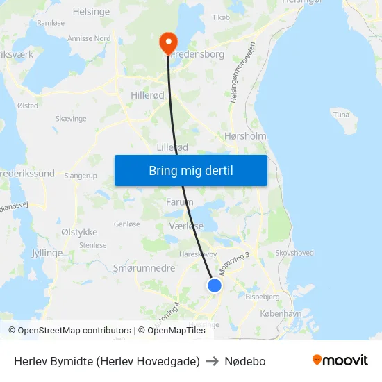 Herlev Bymidte (Herlev Hovedgade) to Nødebo map