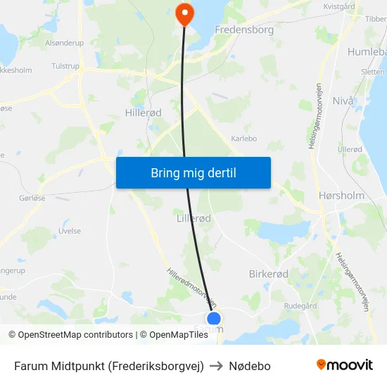 Farum Midtpunkt (Frederiksborgvej) to Nødebo map