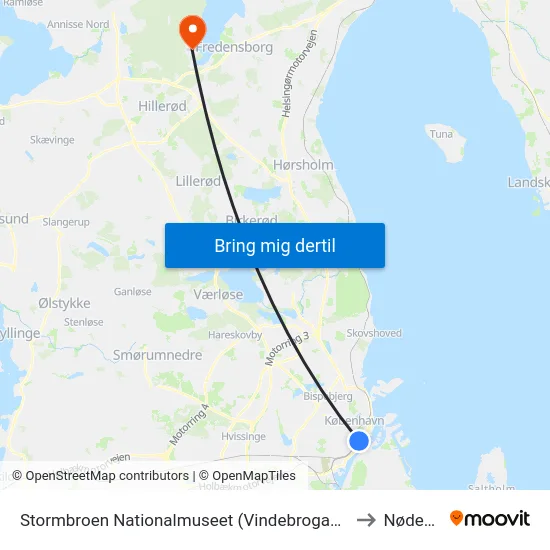 Stormbroen Nationalmuseet (Vindebrogade) to Nødebo map