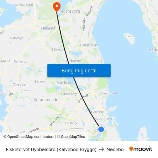 Fisketorvet Dybbølsbro (Kalvebod Brygge) to Nødebo map