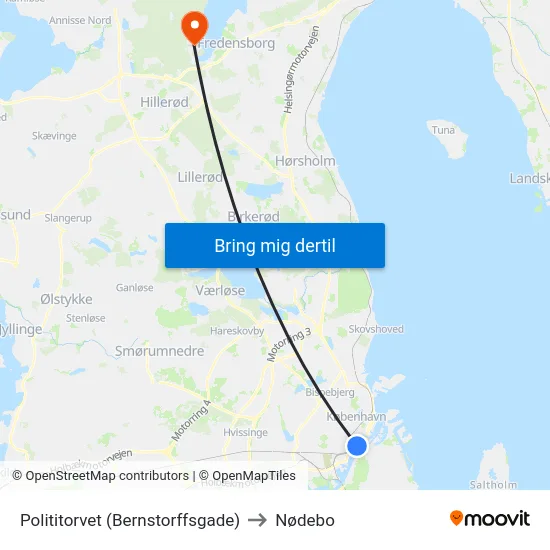 Polititorvet (Bernstorffsgade) to Nødebo map