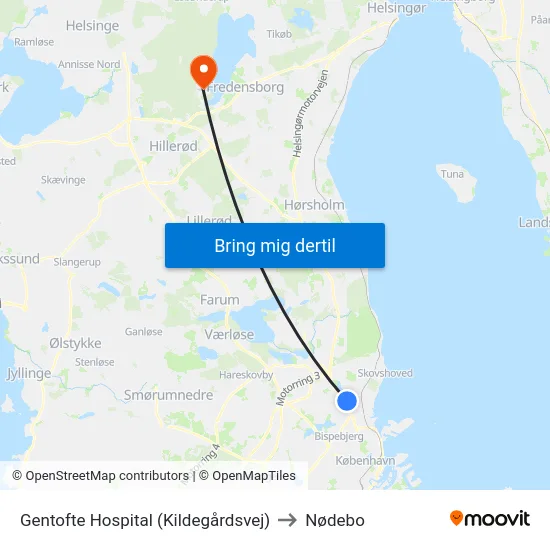 Gentofte Hospital (Kildegårdsvej) to Nødebo map