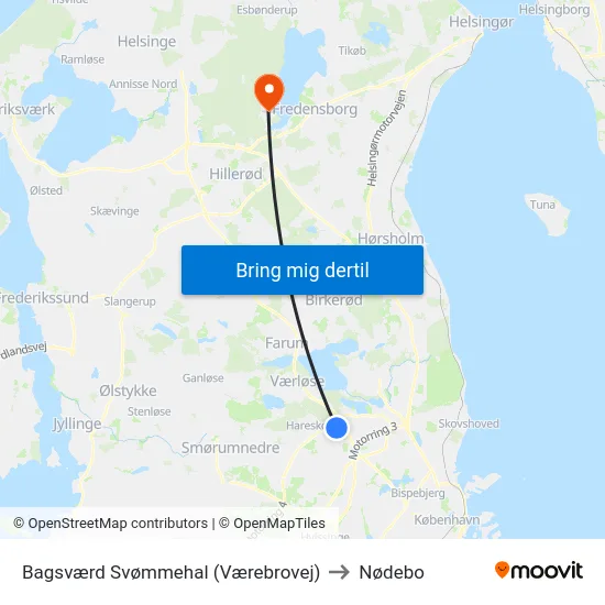 Bagsværd Svømmehal (Værebrovej) to Nødebo map