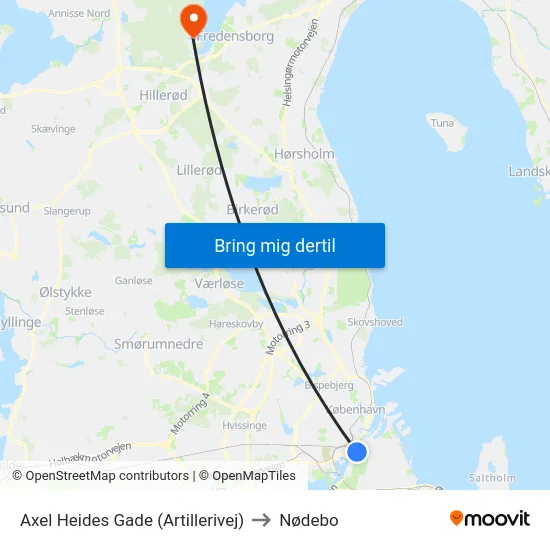 Axel Heides Gade (Artillerivej) to Nødebo map
