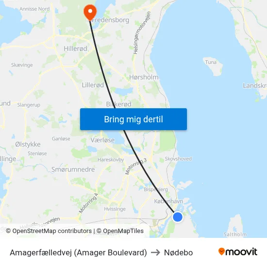 Amagerfælledvej (Amager Boulevard) to Nødebo map