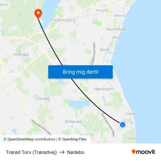Trørød Torv (Trørødvej) to Nødebo map