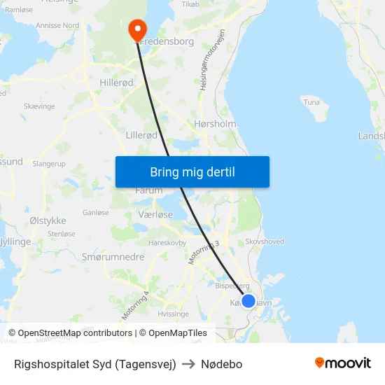 Rigshospitalet Syd (Tagensvej) to Nødebo map