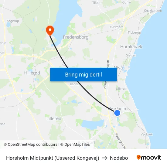 Hørsholm Midtpunkt (Usserød Kongevej) to Nødebo map