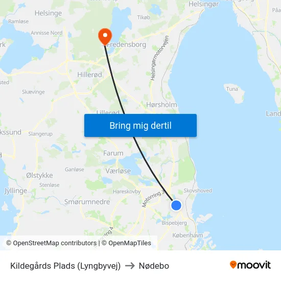 Kildegårds Plads (Lyngbyvej) to Nødebo map